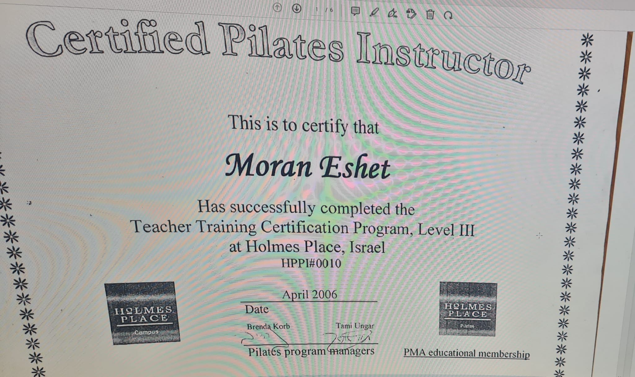 תעודת מדריכת פילאטיס מוסמכת - מורן רובינשטיין